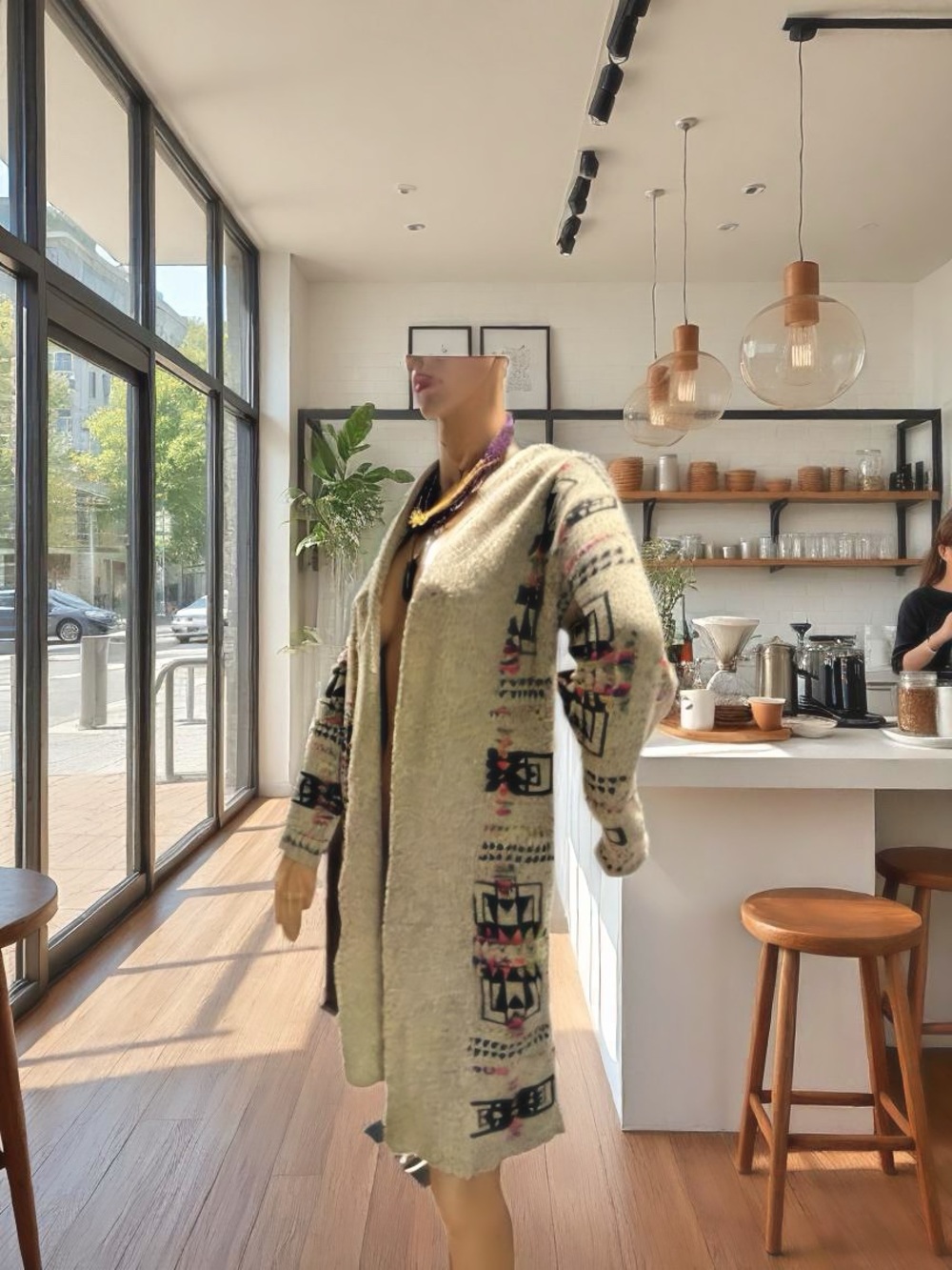 Long Cream Ethnic Patterned Knit Cardigan